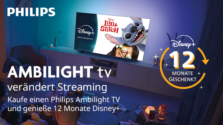 Werbung für Philips Ambilight TV mit Disney+ Angebot auf blauem Hintergrund. Ein Fernseher zeigt Inhalte von Disney+.