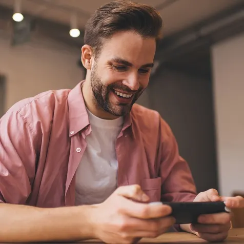 Ein Mann lächelt und hält ein Smartphone horizontal vor sich. Er trägt ein rosa Hemd und ein weißes T-Shirt.