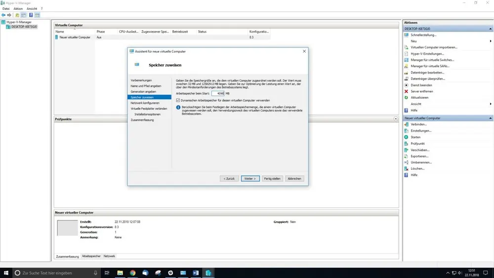 Auf dem Desktop ist ein Fenster "Hyper-V-Manager" mit Menüs und Optionen zur Verwaltung von virtuellen Computern geöffnet. Ein Dialogfeld "Speicher zuweisen" ist sichtbar.