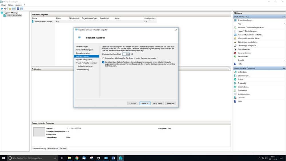 Ein Screenshot zeigt den Hyper-V-Manager mit einem Dialogfenster mit der Überschrift „Speicher zuweisen“.
