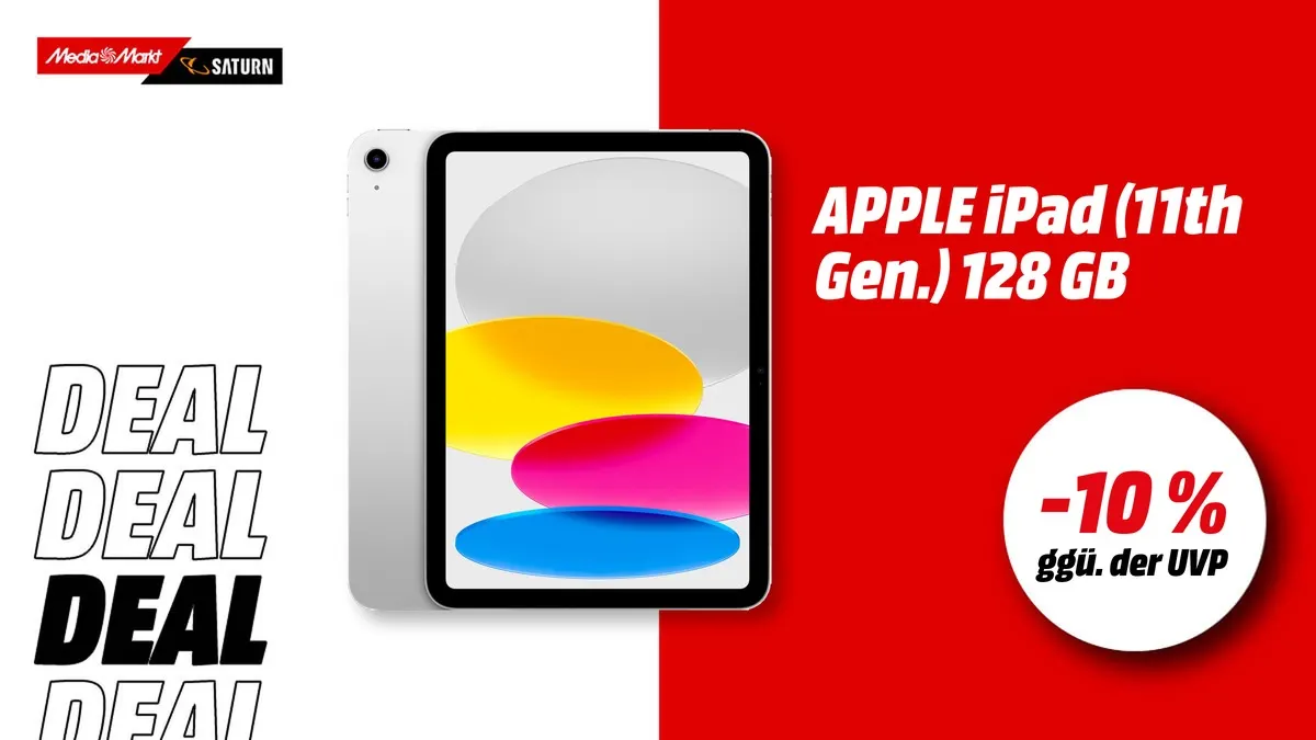 Apple iPad Wi-Fi (11. Generation) in Silber mit 11-Zoll-Display — aktuell mit -10 % (ggü. der UVP) Rabatt bei MediaMarkt
