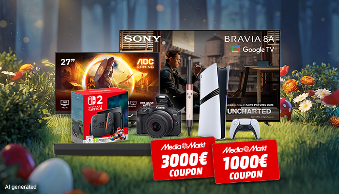 Abbildungen der Gewinne wie bis zu 3000 € Geschenkkarten, PlayStation, Sony TV, AOC Monitor & weitere Elektronik. Auf Wiese mit Ostereiern & Blumen.