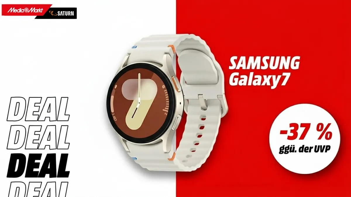 Die Samsung Galaxy Watch7 Smartwatch in der Farbe Cream mit Aluminiumgehäuse.