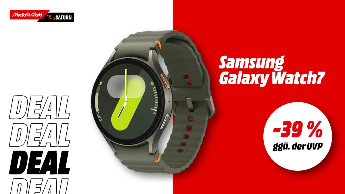 Die Samsung Galaxy Watch7 Smartwatch in der Farbe Cream mit Aluminiumgehäuse.