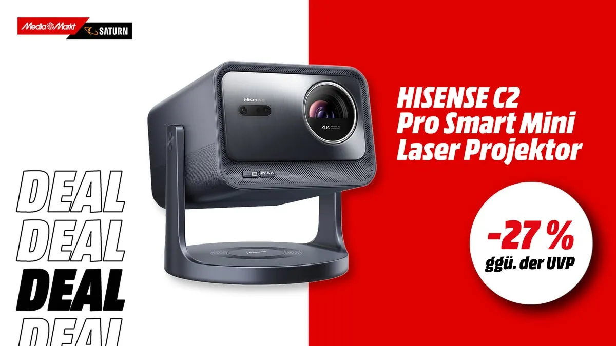 Hisense C2 Pro Mini Laser Projektor in der Seitenansicht, UHD 4K Smart Projektor mit 2600 ANSI Lumen