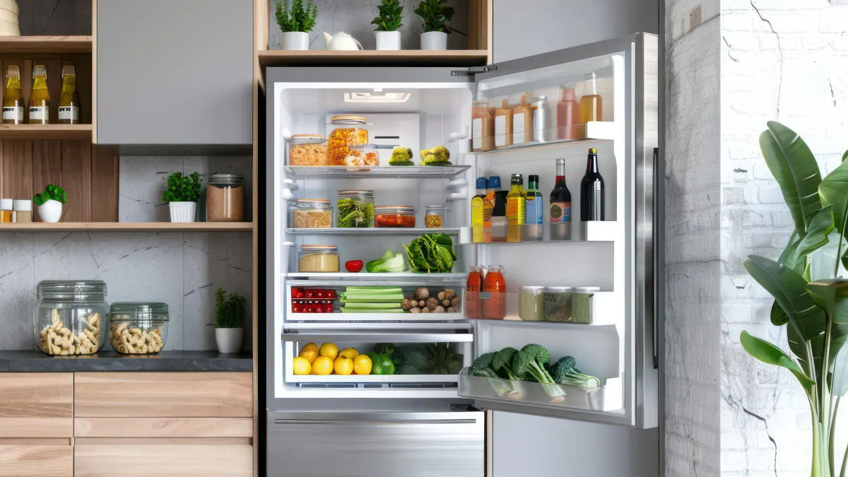 Ein geöffneter Kühlschrank zeigt Regale mit Obst, Gemüse, Säften und Milchprodukten.