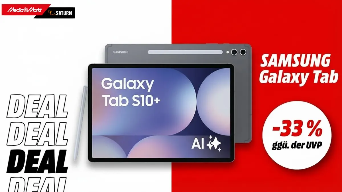 Das Samsung Galaxy Tab S10+ in der Farbe Gray und Hinweis auf 33 Prozent Rabatt gegenüber der UVP.