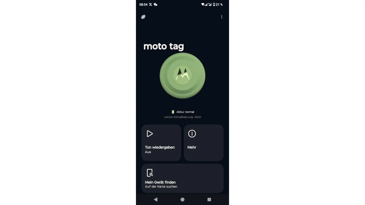 App-Oberfläche "moto tag" mit grünem Logo in der Mitte. Optionen zum Abspielen von Tönen, Finden des Geräts und Mehr-Button.