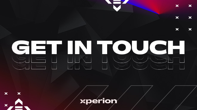 Schwarzer Hintergrund mit dem Text "Get in touch!" und dem Firmennamen "xperion" in Weiß. Links ist ein rot-blauer Farbverlauf.