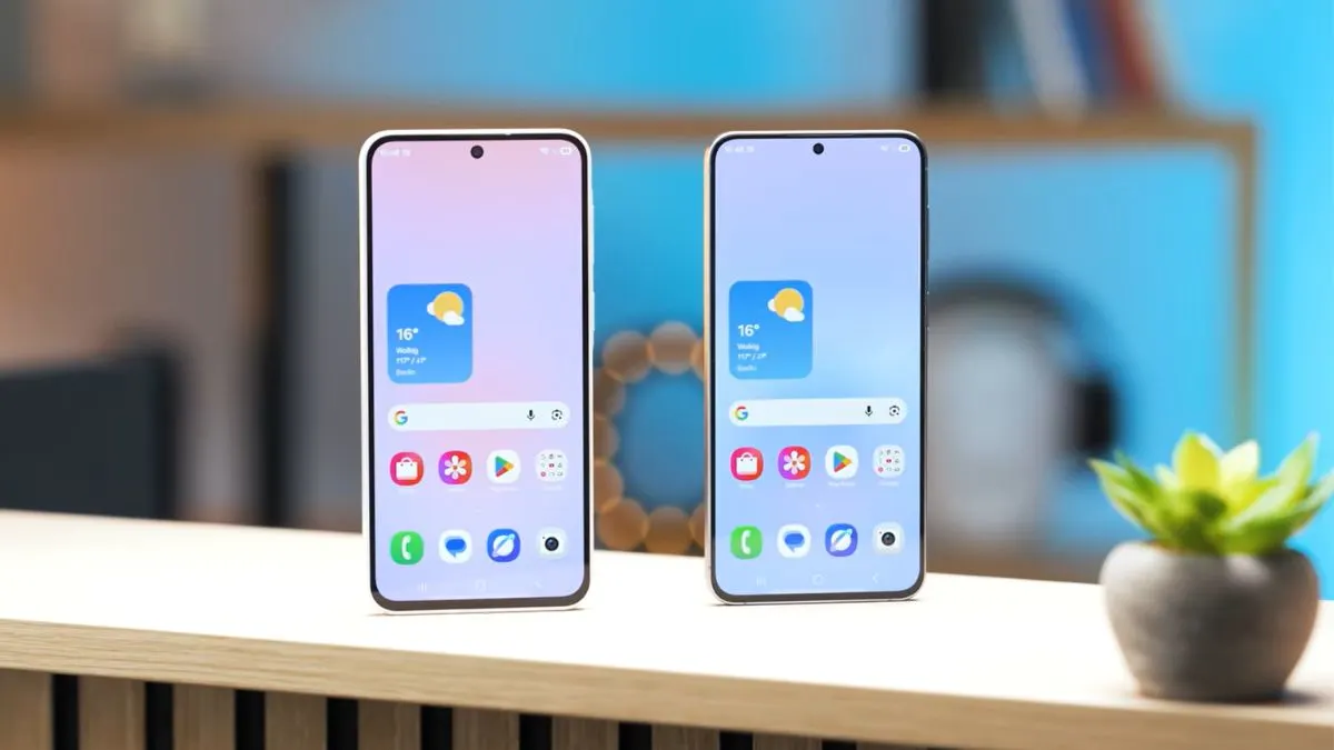 Die Samsung-Smartphones Galaxy A37 und Galaxy A57 stehen mit eingeschaltetem Display nebeneinander auf einem Regal.