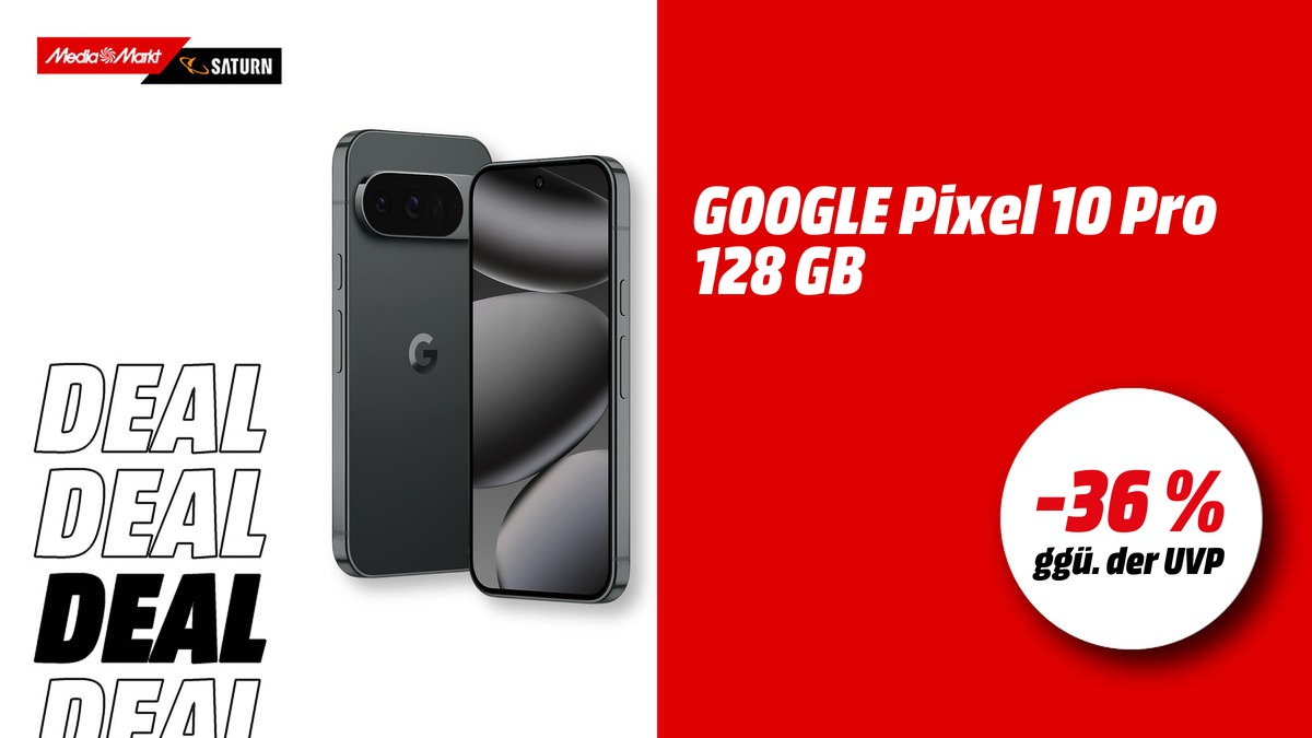 Google Pixel 10 Pro 128 GB in Obsidian – aktuell mit -36 % (ggü. der UVP) reduziert bei MediaMarkt/Saturn.