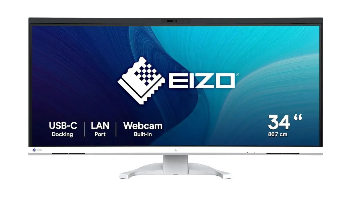Der Ultrawide-Monitor Eizo EV3450XC-WT vor weißem Hintergrund.
