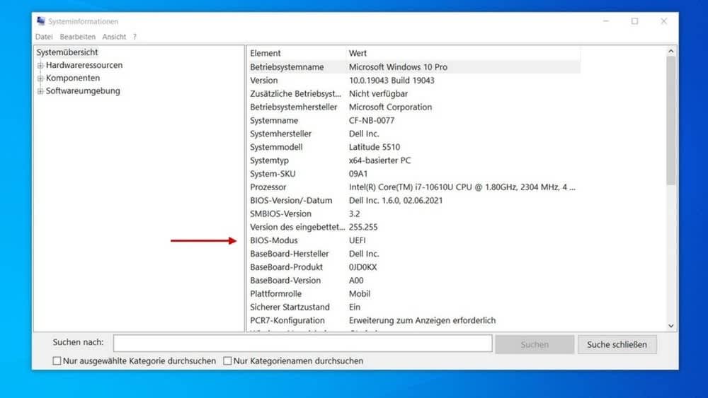 Screenshot von Systeminformationen in Microsoft 