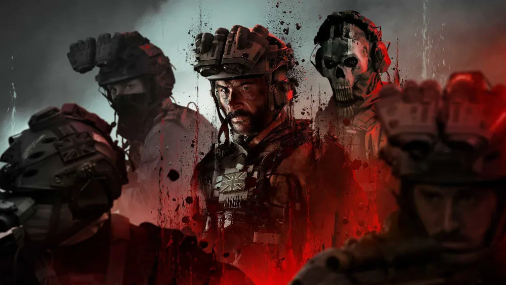 Eine Gruppe von Soldaten mit Helmen und taktischer Ausrüstung steht vor einem grauen Hintergrund mit roter Beleuchtung.