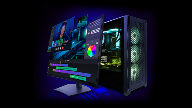 Ein Computer-Setup mit einem Monitor, der eine Video-Bearbeitungssoftware und einen leuchtenden PC-Turm anzeigt.