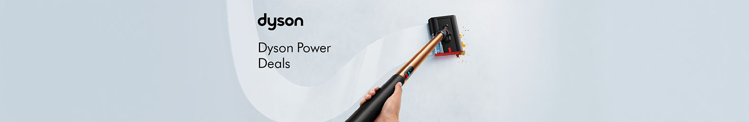 Dyson-Werbebanner mit dem Text ‚Dyson Power Deals‘ und einem kabellosen Staubsauger, der an einer Wand Staub aufnimmt.
