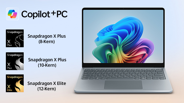 Silberner Laptop mit buntem Bildschirm, links Logos für Snapdragon X Plus (8-Kern), X Plus (10-Kern) und X Elite (12-Kern).