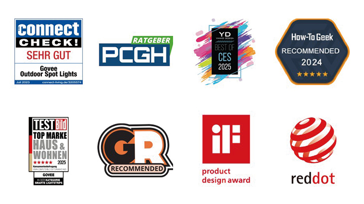 Sammlung von Auszeichnungs- und Empfehlungslogos: Connect Check „Sehr gut“ (Govee Outdoor Spot Lights), PCGH Ratgeber, YD „Best of CES 2025“, How-To Geek „Recommended 2024“, TEST BILD „Top Marke Haus & Wohnen 2025“, GR „Recommended“, iF Product Design Award und Red Dot Design Award.