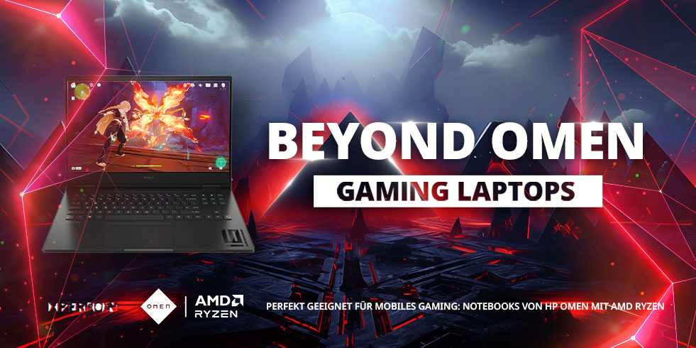 Ein schwarzer Laptop zeigt ein Videospiel vor einem Hintergrund mit futuristischen Bergen und roten Linien. "Beyond Omen Gaming Laptops" Text.
