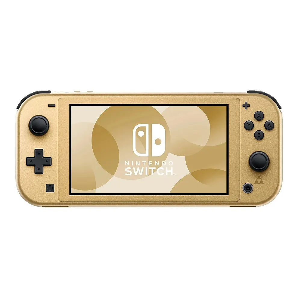 Ein goldfarbener Nintendo Switch Lite mit schwarzen Bedienelementen wird auf einem weißen Hintergrund angezeigt.