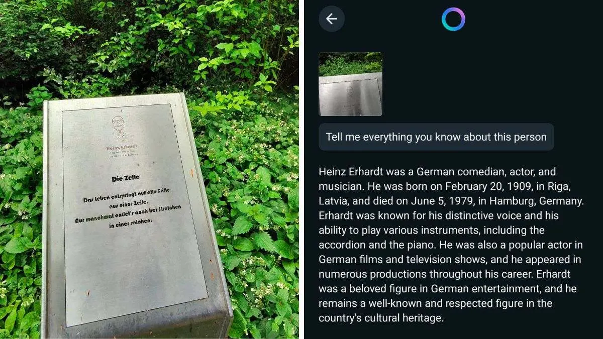 Ein Denkmal aus Metall mit einem Gedicht inmitten von grünen Pflanzen. Rechts ist ein Chatfenster mit Text über Heinz Erhardt.