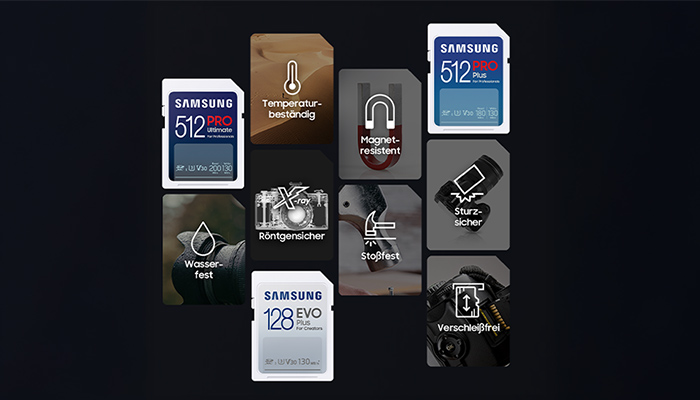Samsung Speicherkarten sind stoßfest, sturzsicher, wassergeschützt, verschleißfrei, magnetresistent, temperaturbeständig und röntgensicher.