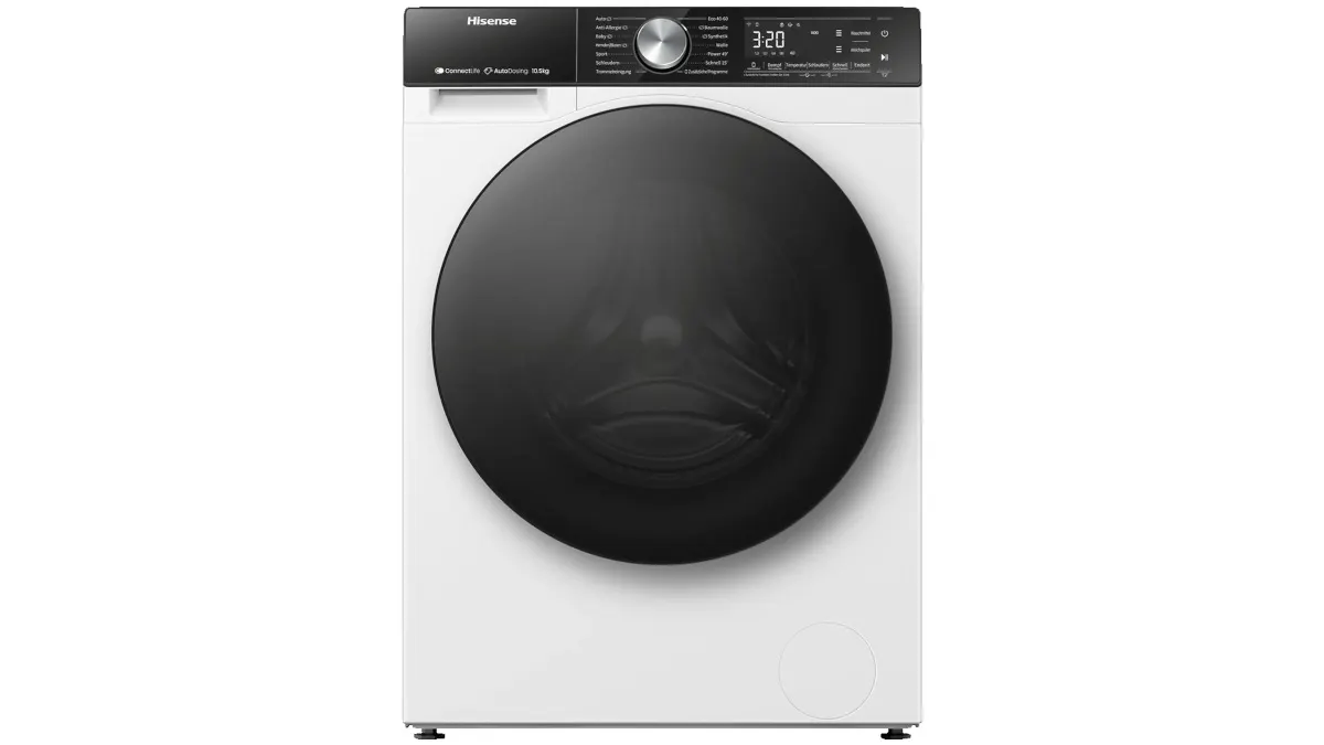 Die Hisense WF5S1045BW vor weißem Hintergrund.