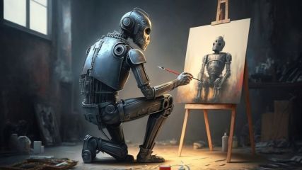 Ein Roboter malt mit einem roten Pinsel einen Roboter.