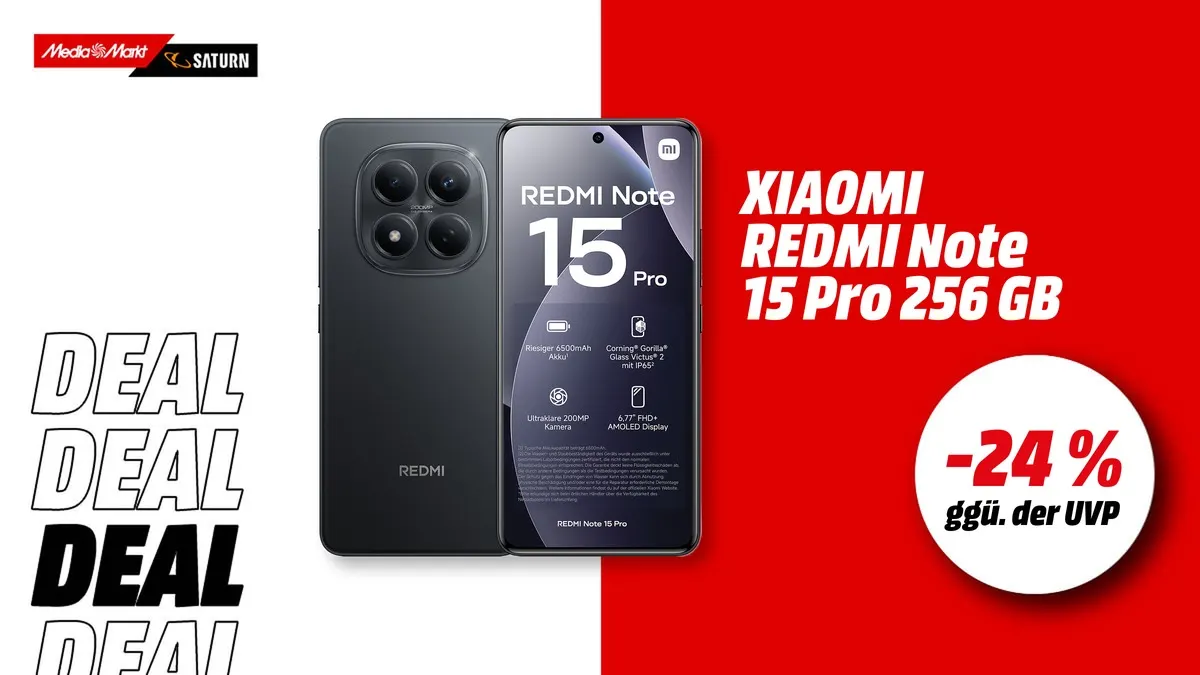 Xiaomi Redmi Note 15 Pro Smartphone in Schwarz mit 256 GB Speicher und Dual SIM – aktuell mit -24 % (ggü. der UVP) reduziert
