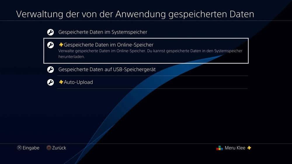 Ein Screenshot zeigt das PS4-Menü für den Cloud-Speicher.