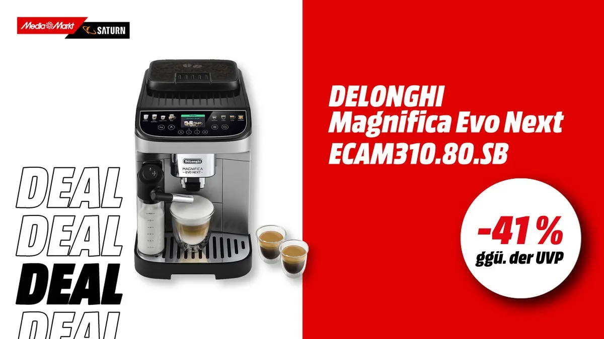 DeLonghi ECAM310.80.SB Kaffeevollautomat Magnifica Evo Next in Silber/Schwarz, aktuell mit -41 % (ggü. der UVP) reduziert.