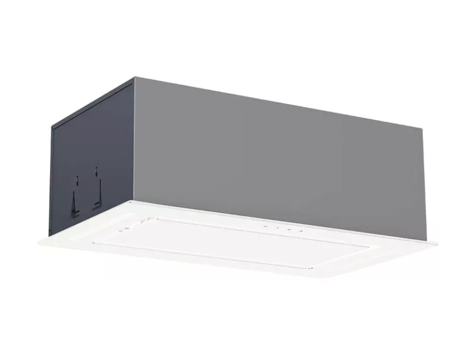 Eine graue Dunstabzugshaube mit weißer Unterseite ist vor einem weißen Hintergrund zu sehen.