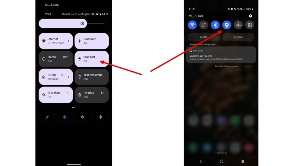 Zwei Telefon-Screenshots zeigen Einstellungen: Links WLAN, Bluetooth, Standort aktiviert. Rechts: Bluetooth-Icon hervorgehoben. Pfeile verbinden die Standorte.