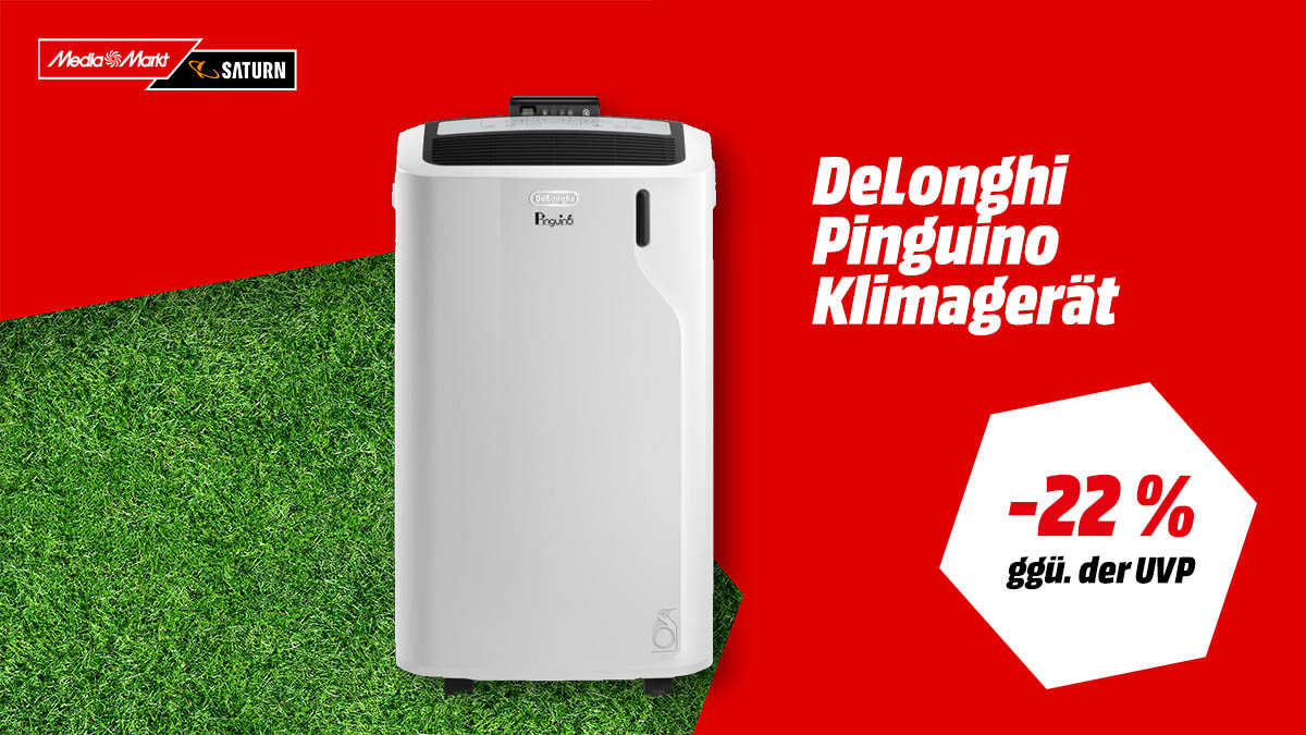 Das DeLonghi Klimagerät und Hinweis auf 22 Prozent Rabatt ggü. der UVP.