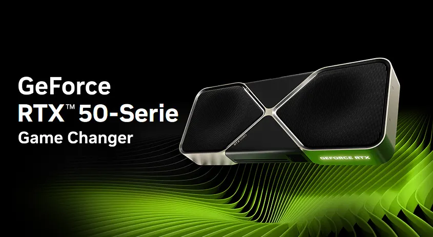 Schwarze Grafikkarte mit silbernen Akzenten und grünen Linien auf schwarzem Hintergrund. Text sagt "GeForce RTX 50-Serie Game Changer".
