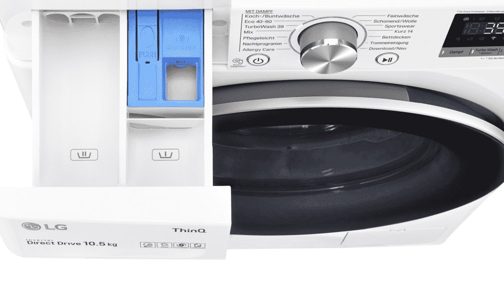 Vedere de sus mașină de spălat LG F4WV710P1E cu recipient deschis pentru praf de spălat