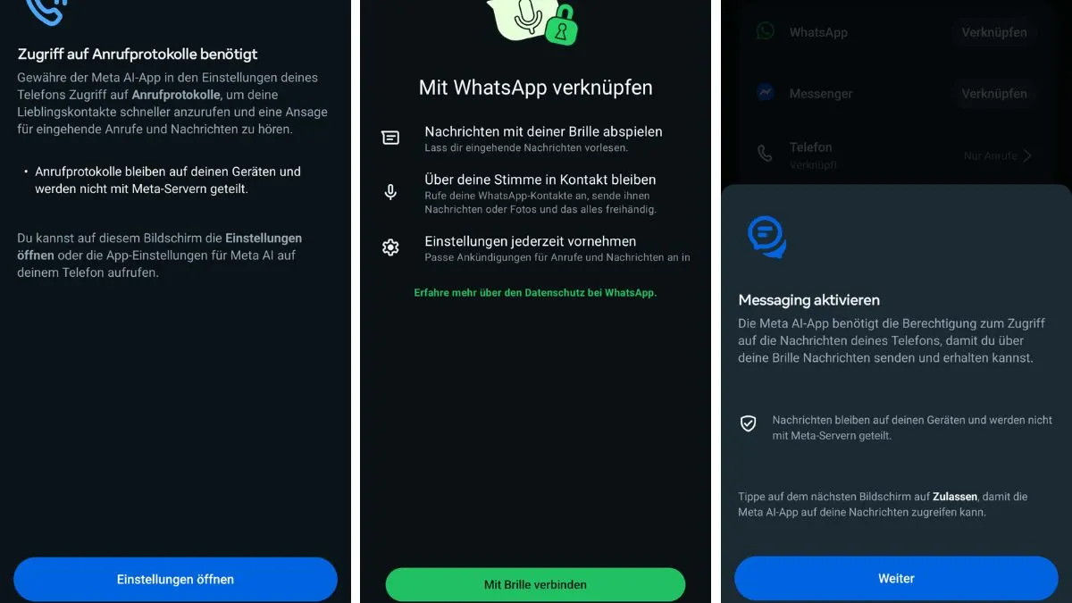 Drei Smartphone-Screenshots zeigen WhatsApp-Verbindungsaufforderungen mit Texten über Anrufprotokolle, Nachrichten und Datenschutzeinstellungen. Blaue und grüne Schaltflächen sind hervorgehoben.
