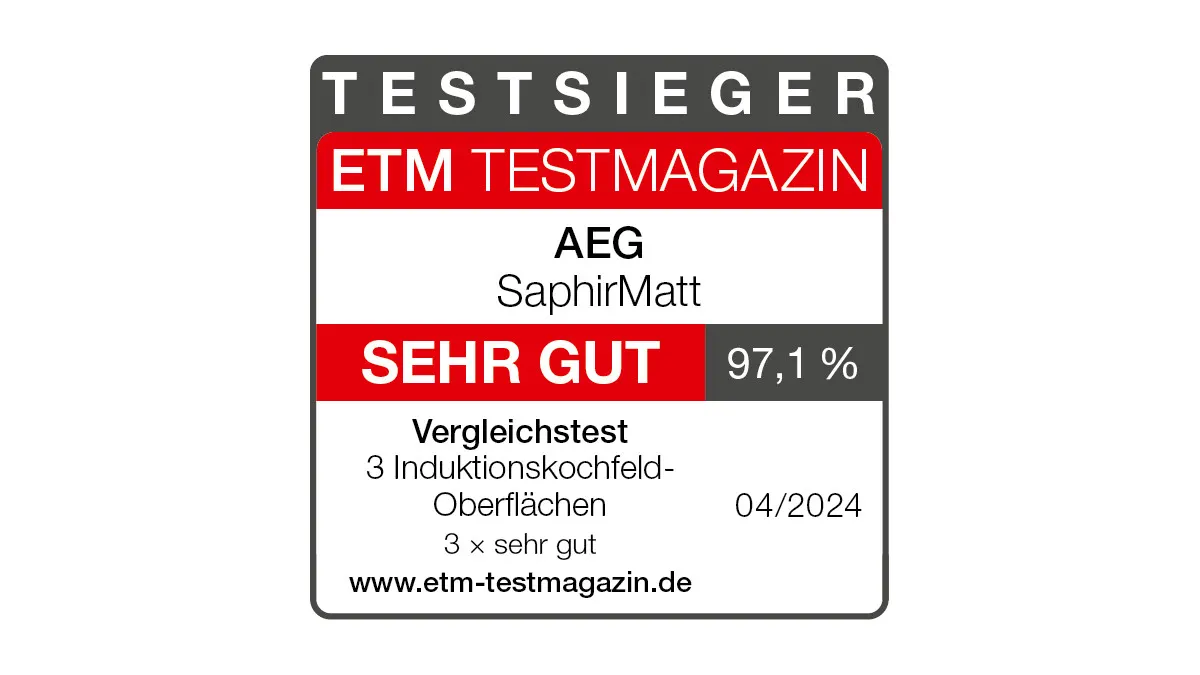 Logo mit Text "Testsieger", "ETM Testmagazin", "AEG SaphirMatt", Note "Sehr Gut 97,1%" und Webseite.