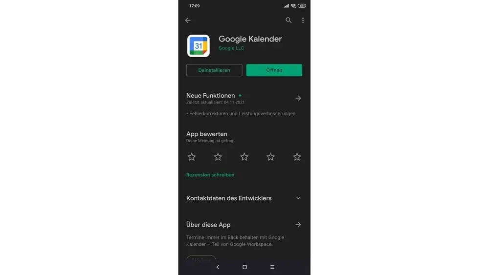 Ein Smartphone-Bildschirm zeigt den Google Kalender im Play Store mit Schaltflächen zum Deinstallieren und Öffnen. Darunter sind Optionen zur App-Bewertung.