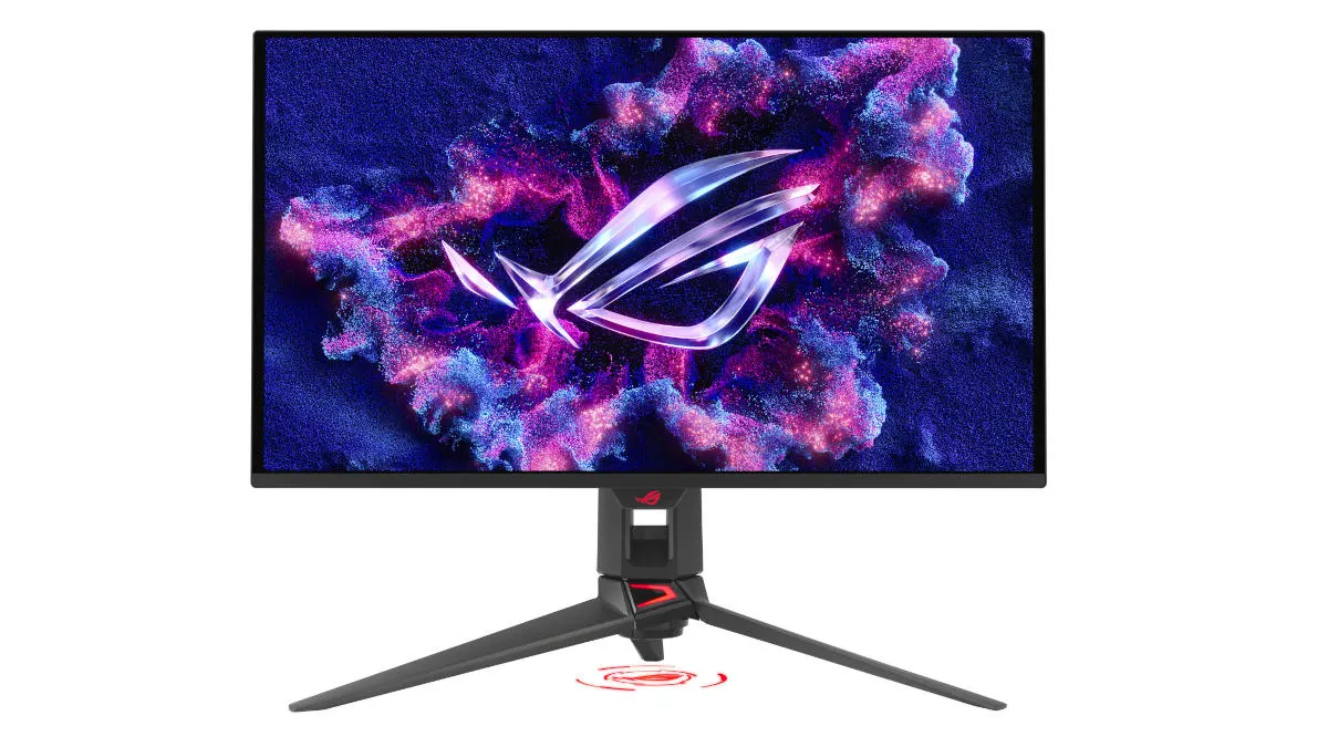 Der Asus ROG Swift OLED steht vor weißem Hintergrund.