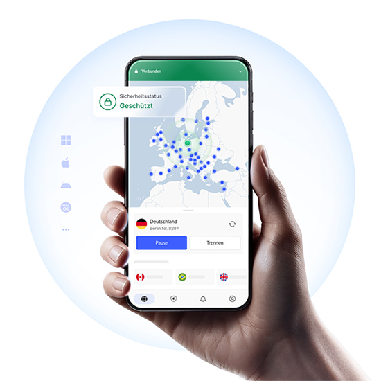 Hand hält Smartphone mit Karten-App, die blaue Standortpunkte und Navigation anzeigt.