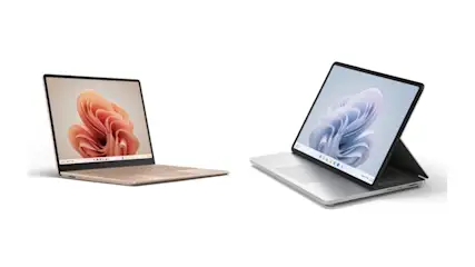 Zwei Laptops auf weißem Grund. Der linke ist beige, der rechte silberfarben. Beide haben Bildschirme mit Blumenmustern.