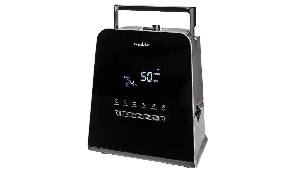 Der Luftbefeuchter Nedis HUMI150BKW SmartLife von vorn auf weißem Hintergrund