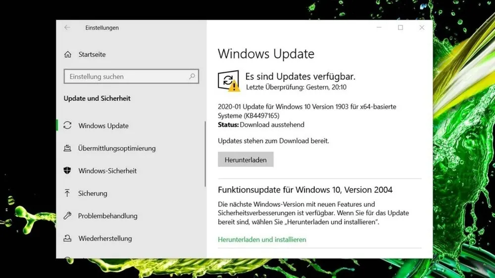 Windows Update Fenster geöffnet. Links Menü, rechts Update-Optionen und Fortschrittsanzeigen. Schrift und Buttons lesbar.