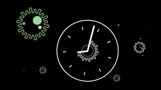 Weiße Uhr mit Zeigern auf Schwarz. Grüne, kreisförmige Formen sind auch vorhanden.