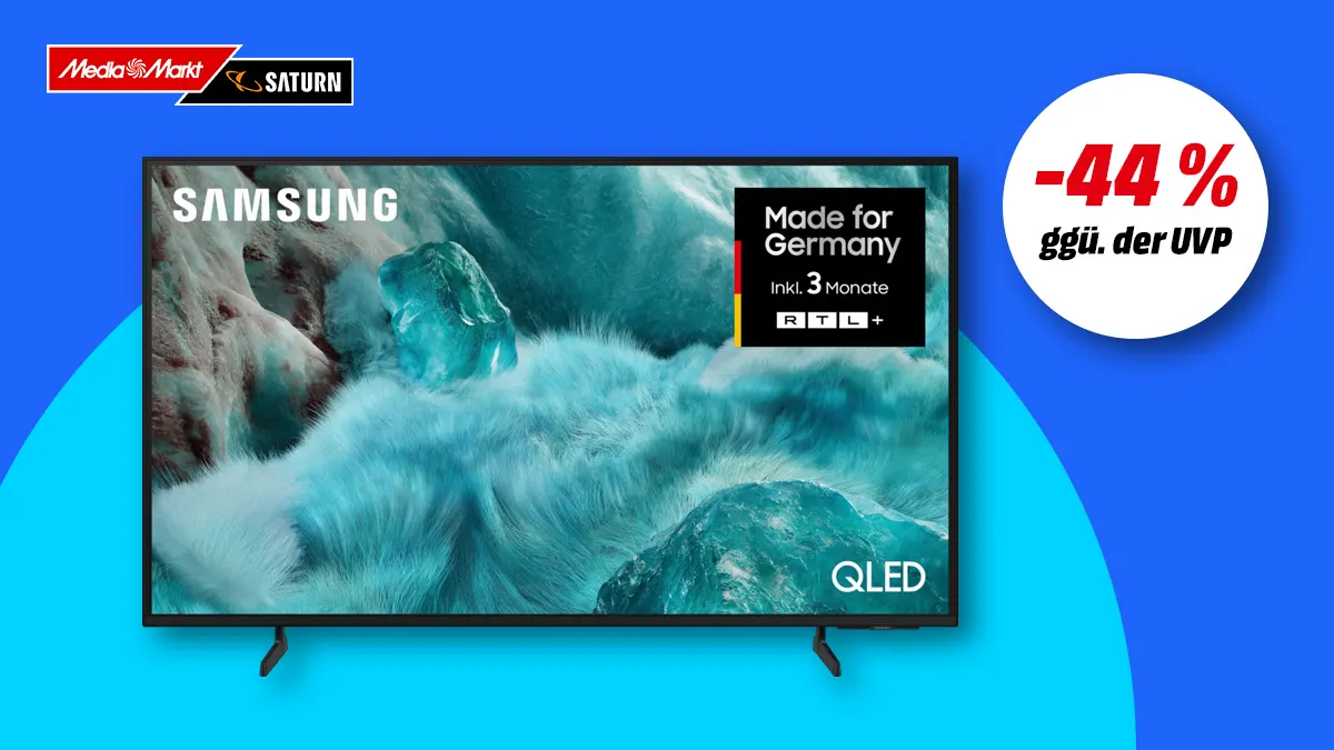  Samsung QLED TV, Hinweis auf 44 Prozent Rabatt gegenüber UVP auf blauem Hintergrund. 