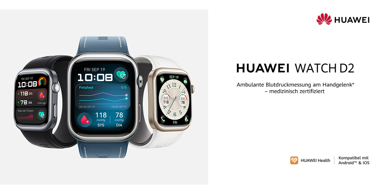 Drei Huawei Watch D2 Smartwatches nebeneinander in Schwarz, Blau und Weiß mit unterschiedlichen Zifferblättern und Gesundheitsanzeigen. Rechts Text: „HUAWEI WATCH D2 – Ambulante Blutdruckmessung am Handgelenk, medizinisch zertifiziert“. Unten Icons: Huawei Health