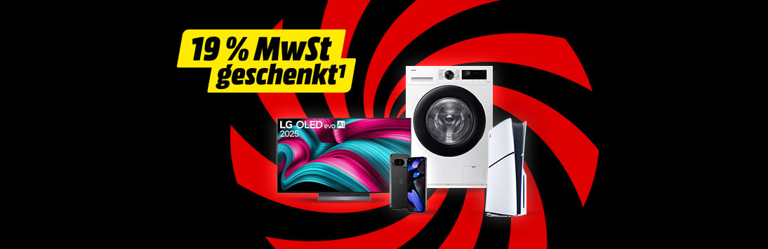 Werbegrafik mit gelbem Text „19 % MwSt. geschenkt¹“ vor rot-schwarzem Spiralhintergrund. Abgebildet sind ein LG OLED Fernseher, eine Waschmaschine, ein Smartphone und eine Spielekonsole.