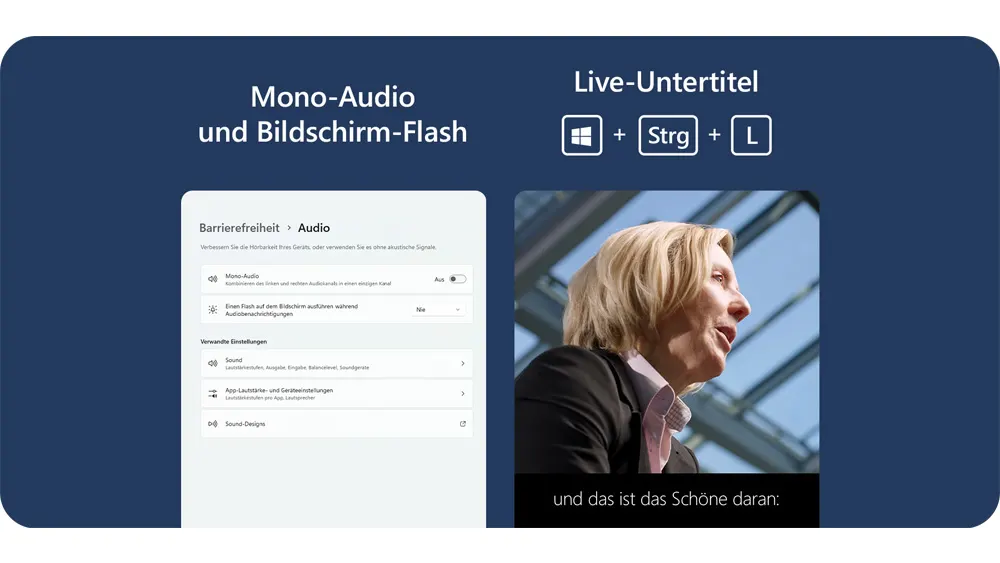 Dunkelblauer Hintergrund zeigt links ein Menü „Audio“ und rechts eine Frau im Gespräch vor einem Gebäude. Oben Text zu Audio und Untertiteln.
