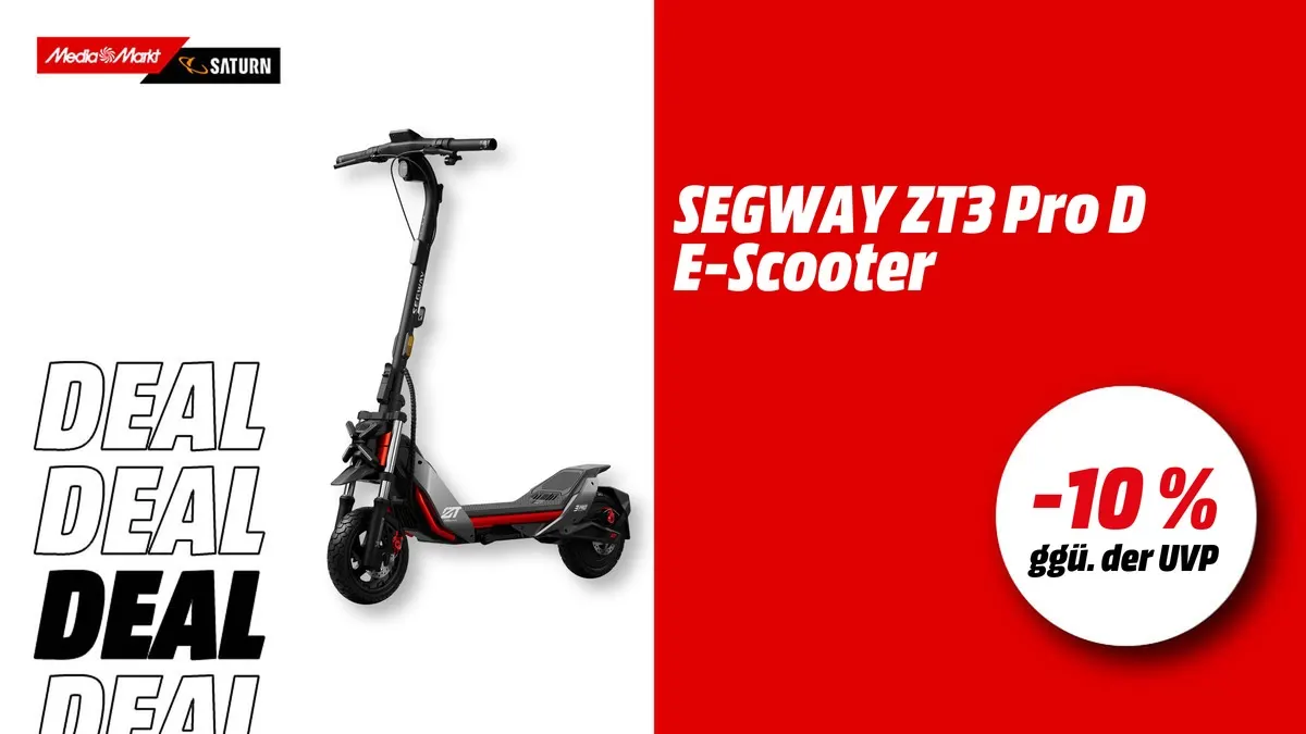 Segway ZT3 Pro E-Scooter in Schwarz/Rot mit 11-Zoll-Geländereifen, aktuell mit -10 % (ggü. der UVP) bei MediaMarkt im Angebot.